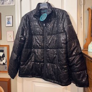 Sterling Kreek Sequin Puffer Jacket Black Shimmer Zip-Up – 2XL (NWT)